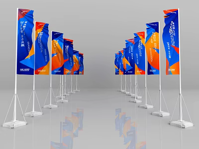 Blue And Orange Feather Flags With Geometric Patterns Neatly Arranged For Exhibition 3d model