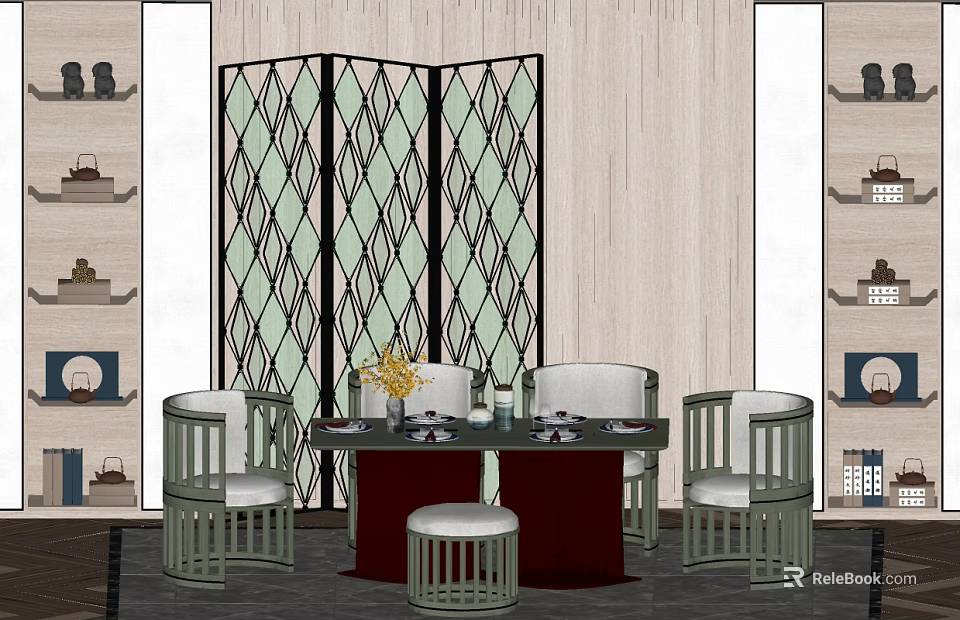 Chinese Style Dining Table Set With Round Back Chairs Diamond Pattern Screen And Flower Vase 3d model