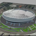 Large Circular Modern Stadium With White Roof And Green Surrounding Lawns