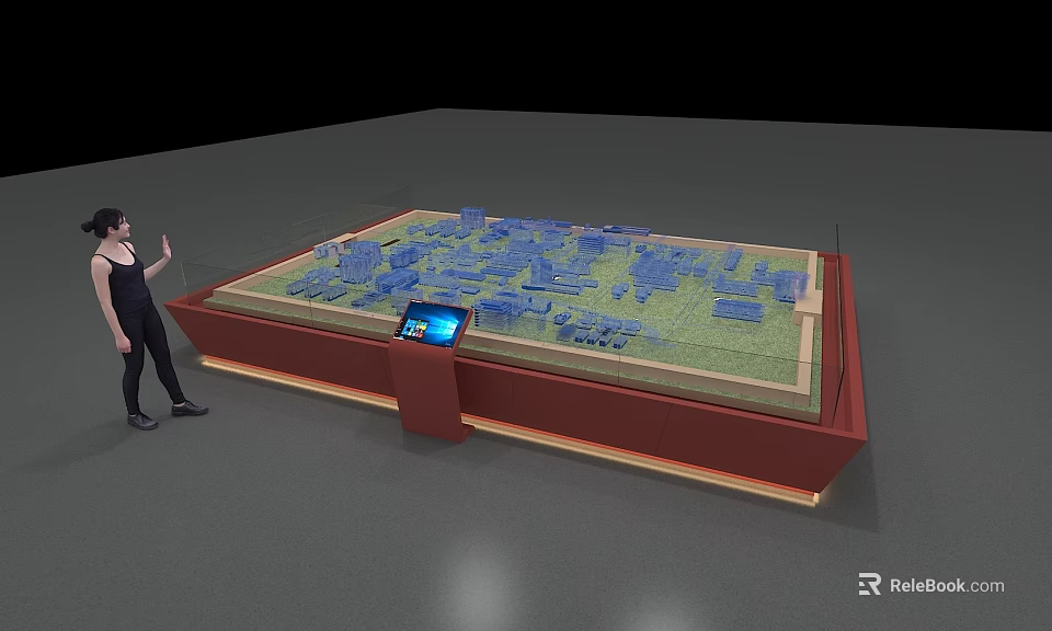 Interactive Sand Table with Blue Building Models Control Panel Screen and Person Standing 3d model 