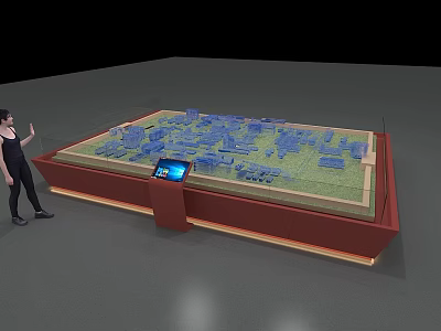 Interactive Sand Table with Blue Building Models Control Panel Screen and Person Standing 3d model
