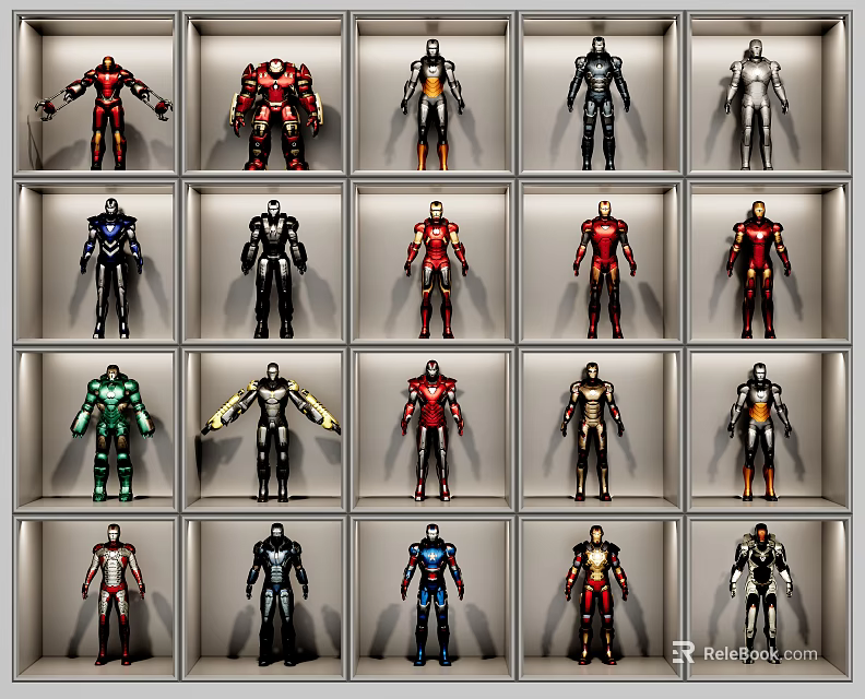 Iron Man Action Figures Collection With Various Colored Armors In Grid 3d model 