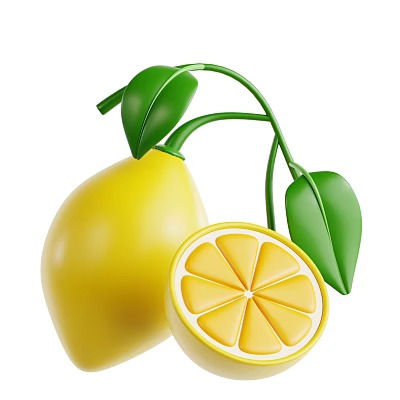 Fresh Ripe Lemon Fruit With Whole Sliced Sections And Green Leaves 3d model