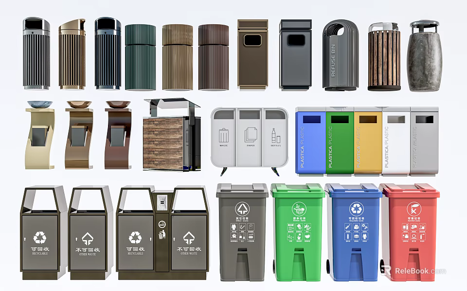 Public Trash Bins With Diverse Designs Colors And Waste Classification Features 3d model 