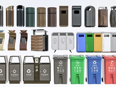 Public Trash Bins With Diverse Designs Colors And Waste Classification Features 3d model
