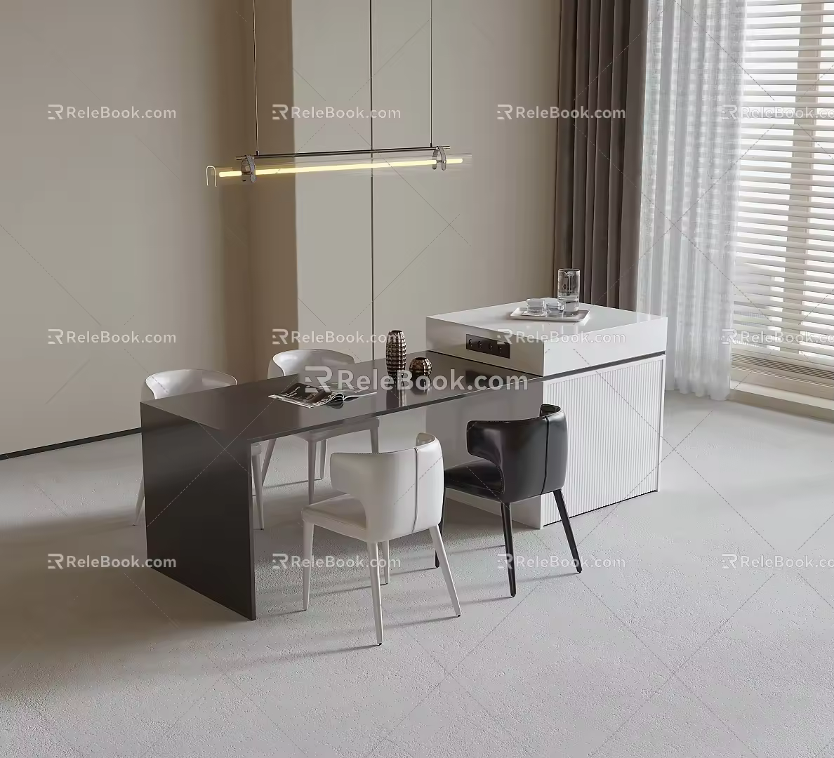 Dining table and chair combination dining chair dining table long chandelier 3d model