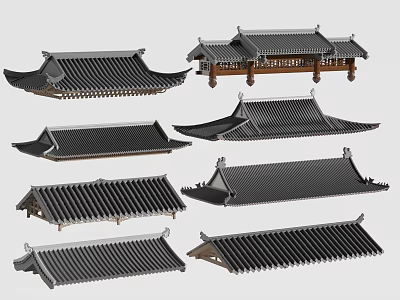 Traditional Roof Components Featuring Various Eaves Tile and Wooden Frame Designs 3d model