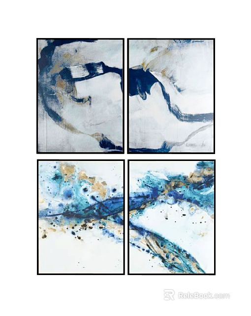 Abstract Blue And Gold Wall Art Four Panel Canvas With Fluid Lines Splatter Design 3d model 
