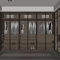 Modern Walk in Closet Interior With Glass Doors Hanging Clothes And Wooden Cabinets