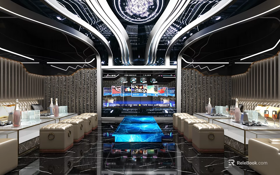 Modern Luxurious KTV Interior Design With Large Screen Lighting Decor And Sofa Seats 3d model 