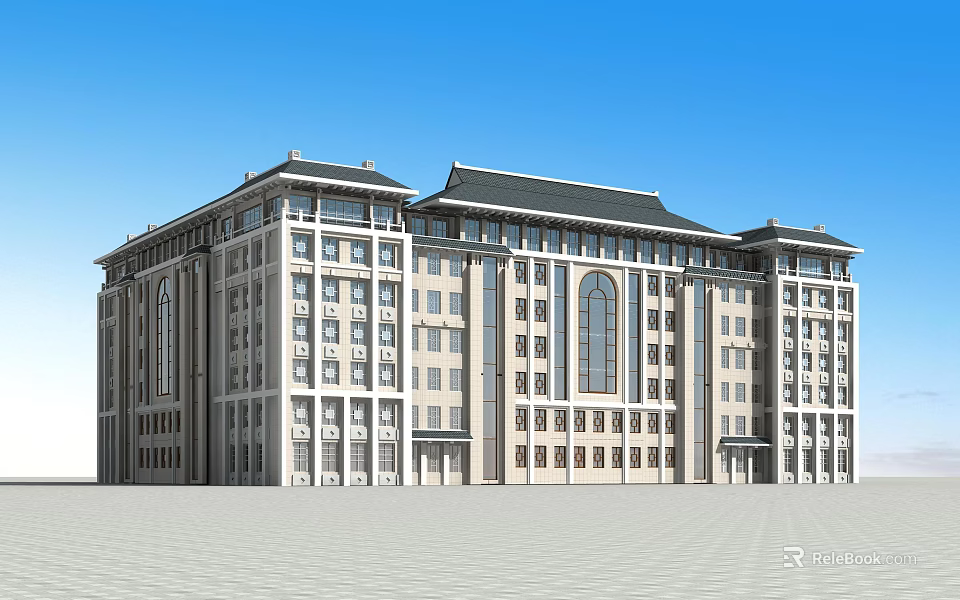 Traditional Modern Office Building Exterior With Classical Roof Large Windows And Symmetrical Design 3d model 