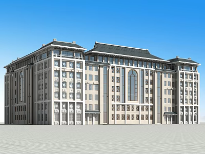 Traditional Modern Office Building Exterior With Classical Roof Large Windows And Symmetrical Design 3d model