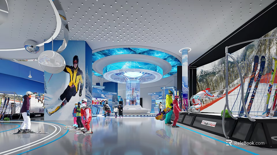 Ski Equipment Showroom Interior With Blue Theme Circular Structure And Lighting 3d model