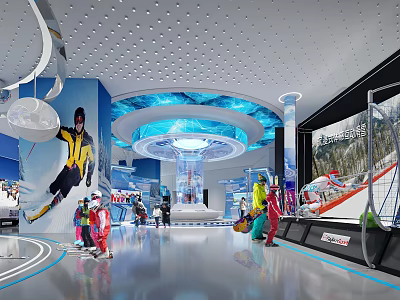 Ski Equipment Showroom Interior With Blue Theme Circular Structure And Lighting 3d model