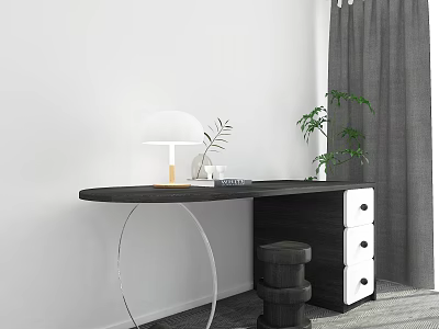 Modern Black Desk With White Curved Legs Table Lamp Plant And Gray Curtains 3d model
