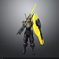 Futuristic Armored Warrior Character With Purple Armor Yellow Sword And Shield