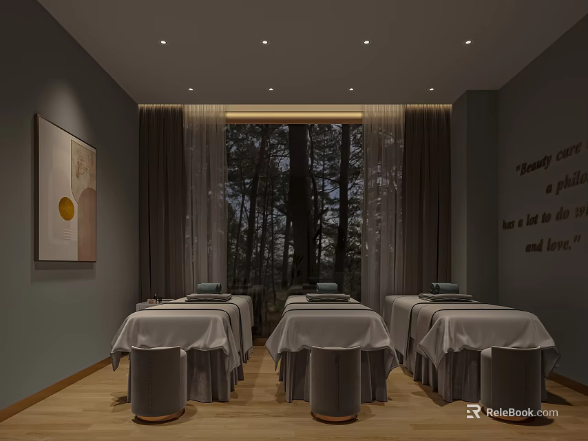 Elegant Beauty Salon Interior With Treatment Tables Large Window Trees Outside And Wooden Floor 3d model 