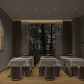 Elegant Beauty Salon Interior With Treatment Tables Large Window Trees Outside And Wooden Floor