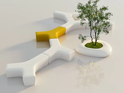 Modern Geometric Public Chair With White Yellow Sections And Small Tree In Public Space 3d model