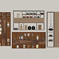 Chinese Style Wooden Curio Shelf With Various Compartments Displaying Teapots Books And Ceramic Jars