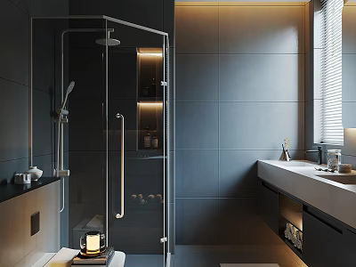 Modern Bathroom Interior With Glass Shower Enclosure Gray Tiled Walls Vanity Sink And Ambient Lighting 3d model