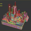 Cartoon City Model With Tall Transparent Buildings Green Circular Areas And Colorful Lights