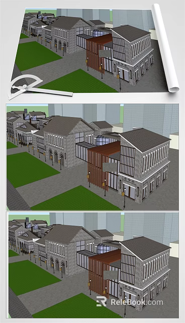 Traditional Commercial Street With Gray Roof Buildings Green Lawns And Pedestrian Walkways 3d model 