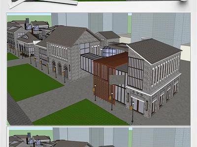Traditional Commercial Street With Gray Roof Buildings Green Lawns And Pedestrian Walkways 3d model
