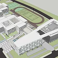 Modern School Building With White Gray Exterior Large Glass Windows Corridor And Lawn Area