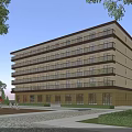 Multi story Modern Office Building with Glass Windows Surrounded by Landscaping Water Feature and Sculpture
