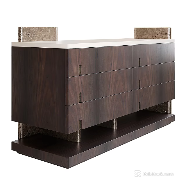 Modern Entryway Console Cabinet With Dark Wood Finish And Metal Leg Design Drawers 3d model 