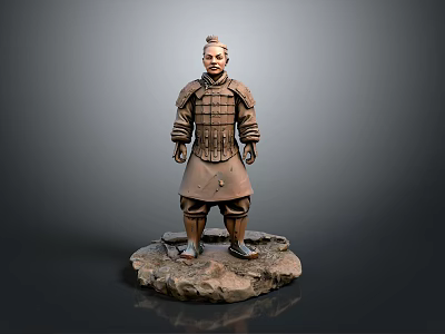 Ancient Chinese Terracotta Warrior Sculpture with Armored Details and Stone Base 3d model