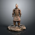 Ancient Chinese Terracotta Warrior Sculpture with Armored Details and Stone Base