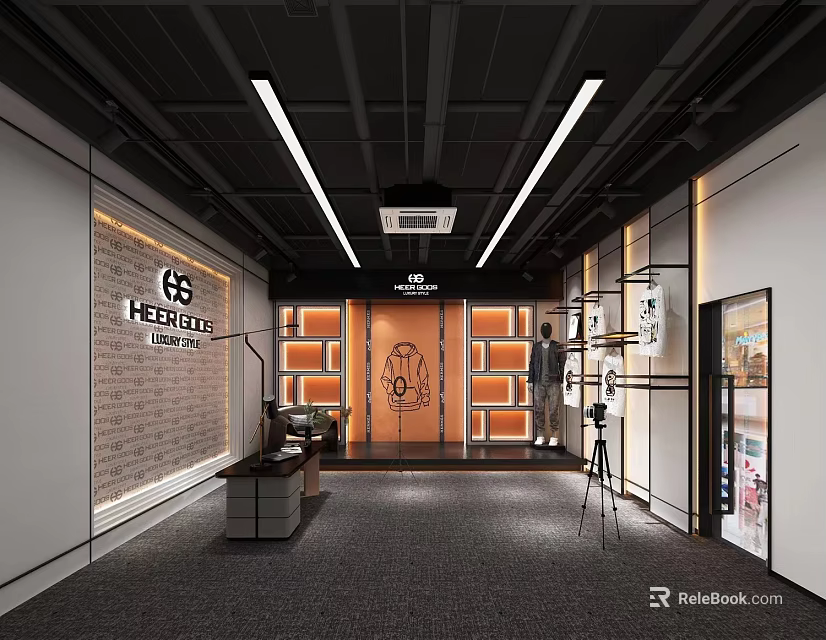 Modern Public Office Space with Open Layout Ceiling Lighting Brick Wall Logo and Gray Carpet 3d model 