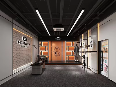 Modern Public Office Space with Open Layout Ceiling Lighting Brick Wall Logo and Gray Carpet 3d model
