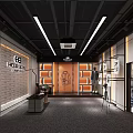 Modern Public Office Space with Open Layout Ceiling Lighting Brick Wall Logo and Gray Carpet 3d model