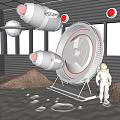 Astronaut Standing On Moon Surface With Flying Spaceships And Red Lighted Circular Structure