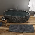 Dark Stone Freestanding Bathtub With Bathrobe On Rack Plants Stool And Wooden Floor Rug