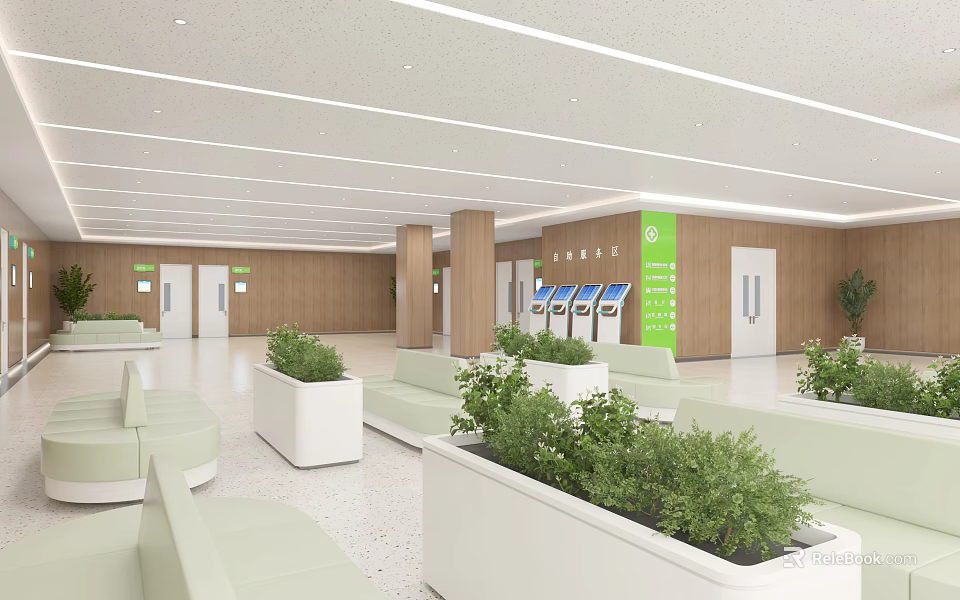 Modern Hospital Outpatient Clinic Lounge With Greenery And Sofas 3d model 