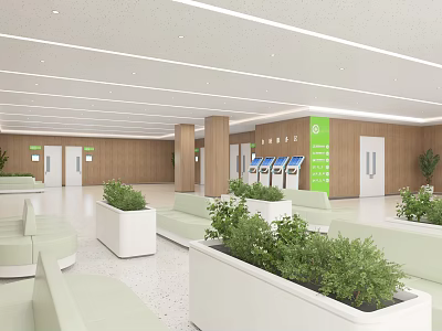 Modern Hospital Outpatient Clinic Lounge With Greenery And Sofas 3d model