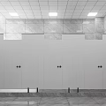 Public Restroom Interior With Gray Marble Tile Walls Large Mirror Black Countertop And Double Sinks