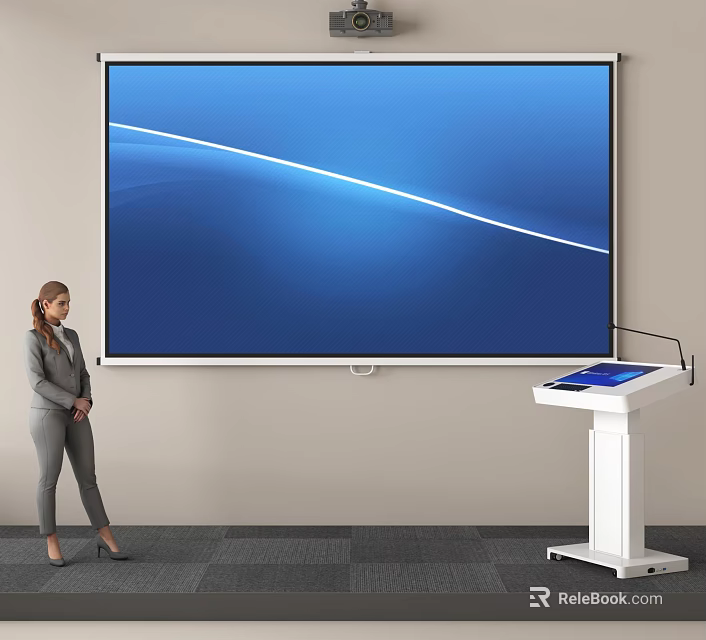 Woman Using Projection Monitoring System With Large Screen And Touchscreen Podium 3d model 