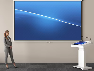 Woman Using Projection Monitoring System With Large Screen And Touchscreen Podium 3d model