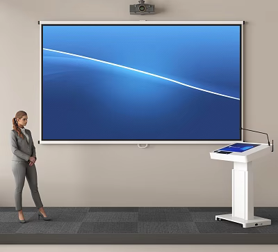 Woman Using Projection Monitoring System With Large Screen And Touchscreen Podium 3d model