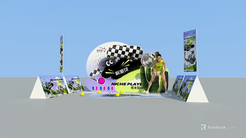 NICHE PLAY Joyful Event Booth With Black White Checkered Design And Display Stands 3d model 