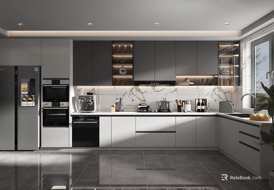 Modern Kitchen Interior With Gray Cabinets Stainless Steel Appliances And Marble Countertop 3d model 