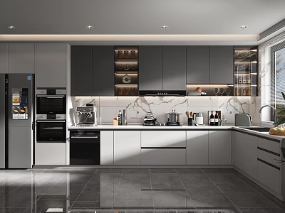 Modern Kitchen Interior With Gray Cabinets Stainless Steel Appliances And Marble Countertop 3d model