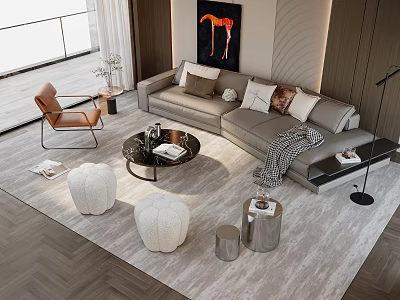 Modern Living Room Sofa And Coffee Table With Plush Pillows Textured Rug Accent Chair Artwork 3d model