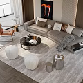 Modern Living Room Sofa And Coffee Table With Plush Pillows Textured Rug Accent Chair Artwork