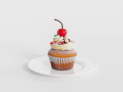 Delicious Cupcake With Whipped Cream Cherry And Colorful Sprinkles On White Plate 3d model